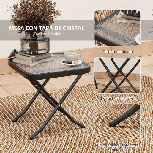 Outsunny Conjunto de Mesa e Cadeiras de 3 Peças Móveis de Jardim Dobráveis com Encosto Ajustável Bancada de Vidro e Estrutura de Aço Preto