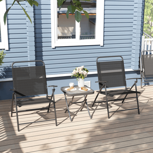 Outsunny Conjunto de Mesa e Cadeiras de 3 Peças Móveis de Jardim Dobráveis com Encosto Ajustável Bancada de Vidro e Estrutura de Aço Preto