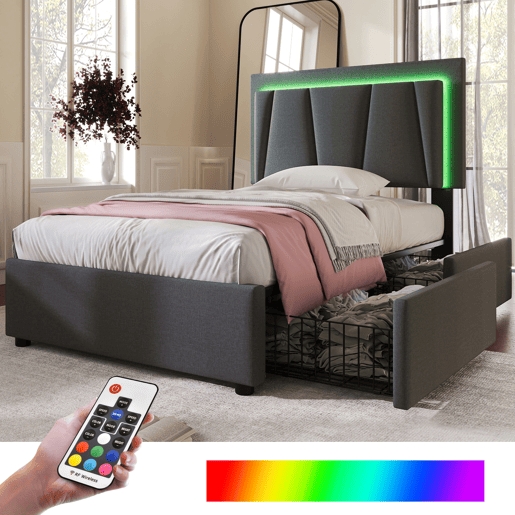 Cama estofada 90x200cm em linho - com 2 gavetas + LED + estrado - Cinzento