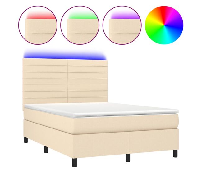 Cama box spring colchón y luces led tela crema 140x200 cm rayas horizontales
