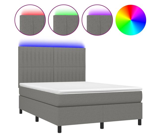 Cama box spring colchón y luces led tela gris oscuro 140x200 cm rayas verticales