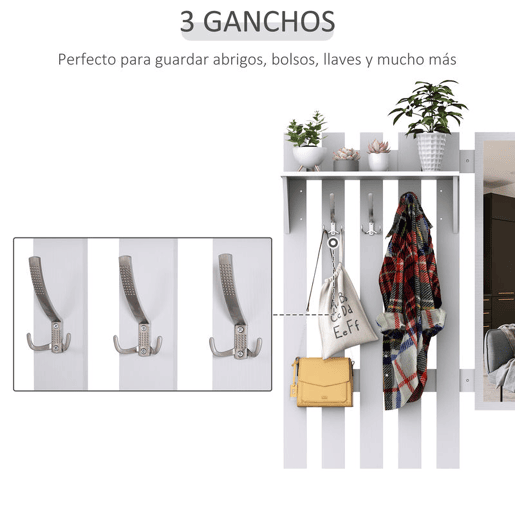 HOMCOM Móvel Cabide de Entrada com Espelho Ganchos e Sapateira Móvel de Entrada com 3 Ganchos Prateleira e 2 Gavetas para Corredor Branco