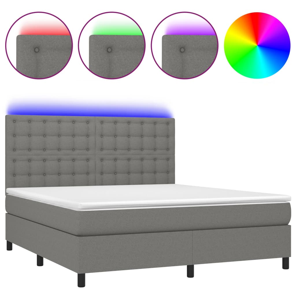 Cama box spring colchón y luces led tela gris oscuro 160x200 cm botones