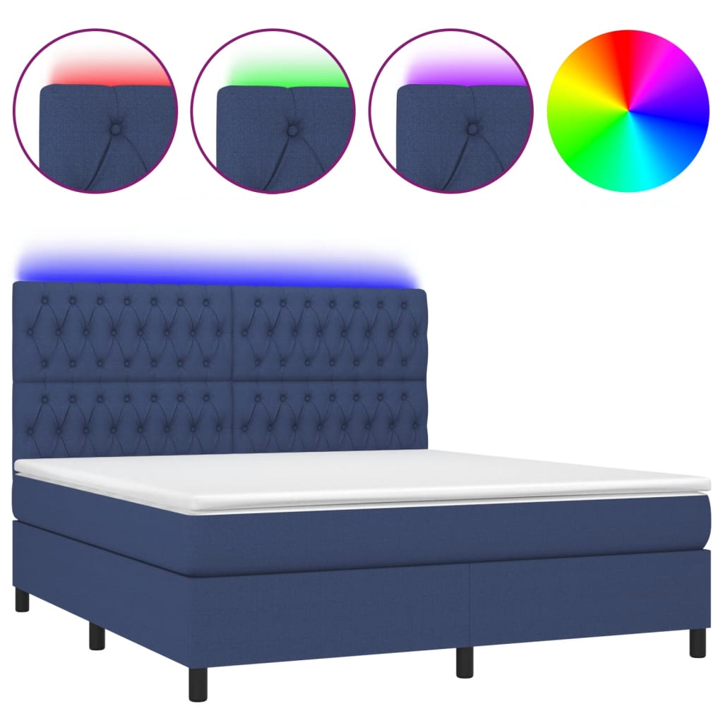 Cama box spring colchón y luces led tela azul 180x200 cm diseño de botones