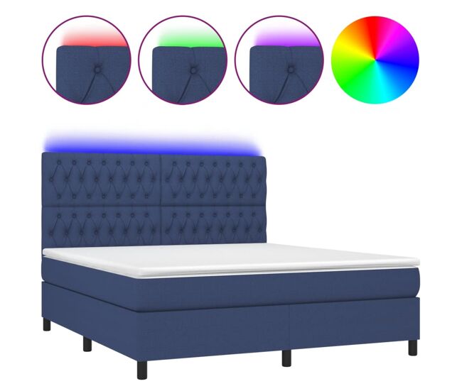 Cama box spring colchón y luces led tela azul 180x200 cm diseño de botones