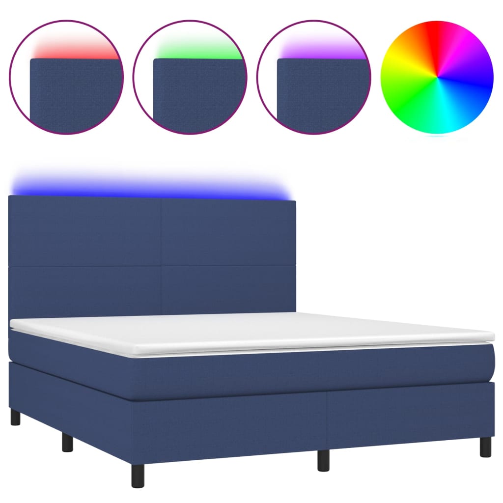 Cama box spring colchón y luces led tela azul 180x200 cm diseño plano