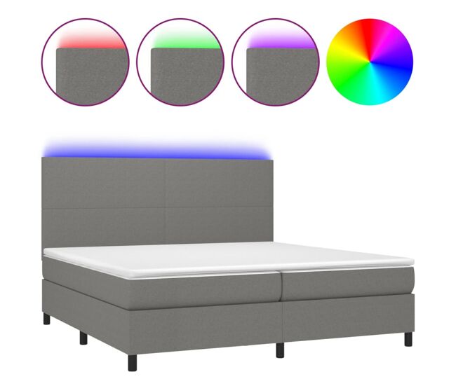 Cama box spring colchón y luces led tela gris claro 200x200 cm diseño plano