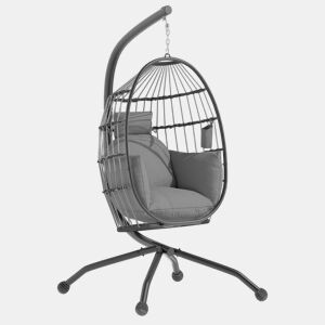 Outsunny Cadeira Suspensa com Suporte Cadeira Baloiço de Jardim com Cesto Dobrável Almofada e Apoio para a Cabeça Cadeirão Suspenso para Interior e Exterior Carga 120 kg 120x88x192 cm Cinzento