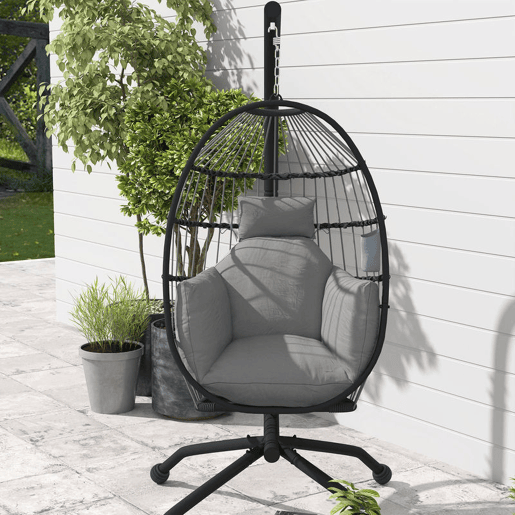 Outsunny Cadeira Suspensa com Suporte Cadeira Baloiço de Jardim com Cesto Dobrável Almofada e Apoio para a Cabeça Cadeirão Suspenso para Interior e Exterior Carga 120 kg 120x88x192 cm Cinzento