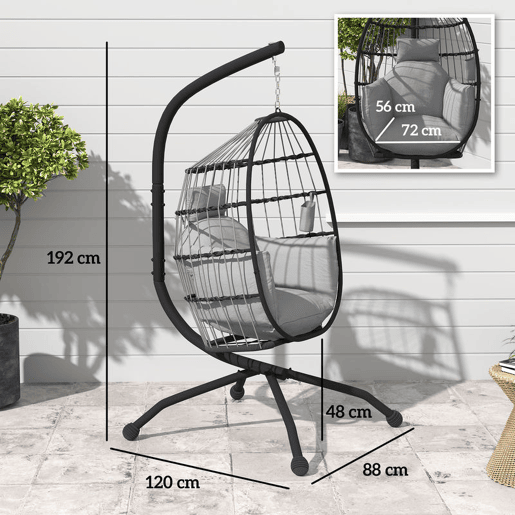 Outsunny Cadeira Suspensa com Suporte Cadeira Baloiço de Jardim com Cesto Dobrável Almofada e Apoio para a Cabeça Cadeirão Suspenso para Interior e Exterior Carga 120 kg 120x88x192 cm Cinzento