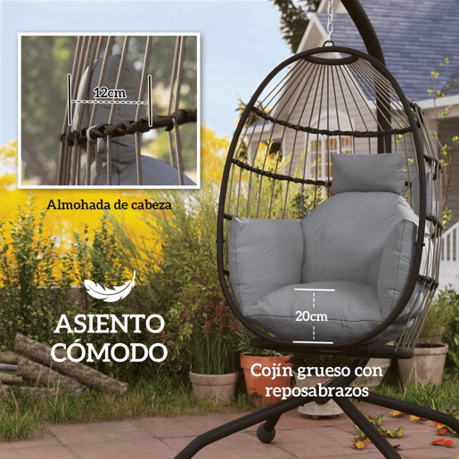 Outsunny Cadeira Suspensa com Suporte Cadeira Baloiço de Jardim com Cesto Dobrável Almofada e Apoio para a Cabeça Cadeirão Suspenso para Interior e Exterior Carga 120 kg 120x88x192 cm Cinzento