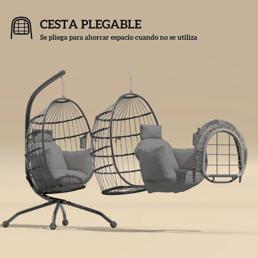Outsunny Cadeira Suspensa com Suporte Cadeira Baloiço de Jardim com Cesto Dobrável Almofada e Apoio para a Cabeça Cadeirão Suspenso para Interior e Exterior Carga 120 kg 120x88x192 cm Cinzento