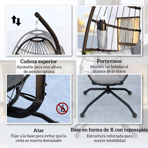 Outsunny Cadeira Suspensa com Suporte Cadeira Baloiço de Jardim com Cesto Dobrável Almofada e Apoio para a Cabeça Cadeirão Suspenso para Interior e Exterior Carga 120 kg 120x88x192 cm Cinzento