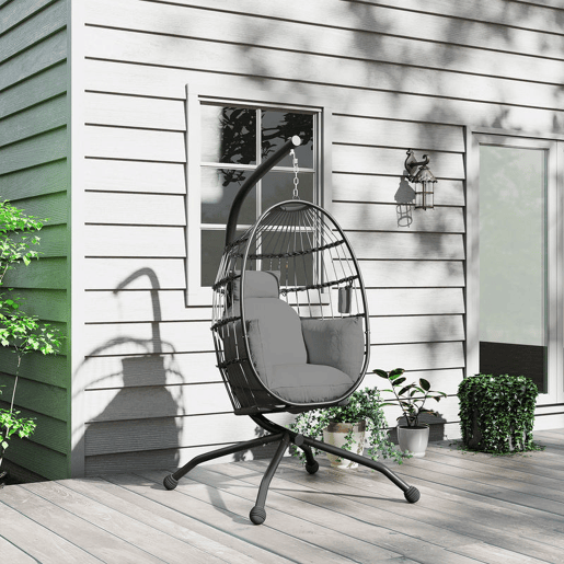 Outsunny Cadeira Suspensa com Suporte Cadeira Baloiço de Jardim com Cesto Dobrável Almofada e Apoio para a Cabeça Cadeirão Suspenso para Interior e Exterior Carga 120 kg 120x88x192 cm Cinzento