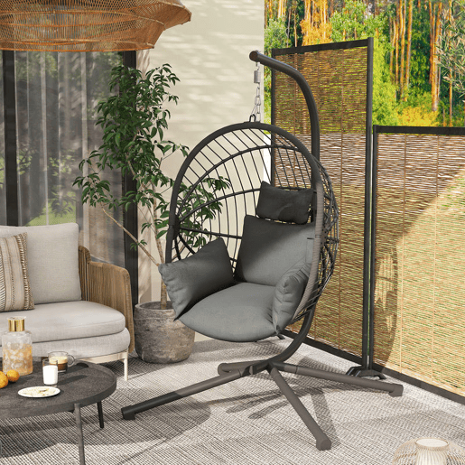Outsunny Cadeira Suspensa com Suporte Cadeira Baloiço de Exterior com Cesta Dobrável Almofada e Apoio para a Cabeça Cadeira Suspensa para Interior e Exterior Carga 120 kg Cinza