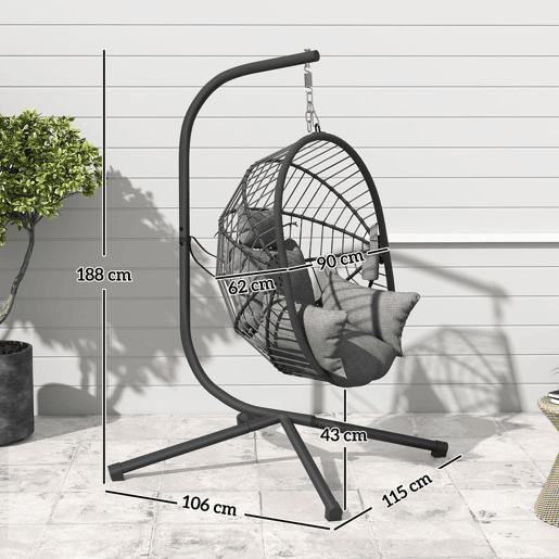 Outsunny Cadeira Suspensa com Suporte Cadeira Baloiço de Exterior com Cesta Dobrável Almofada e Apoio para a Cabeça Cadeira Suspensa para Interior e Exterior Carga 120 kg Cinza