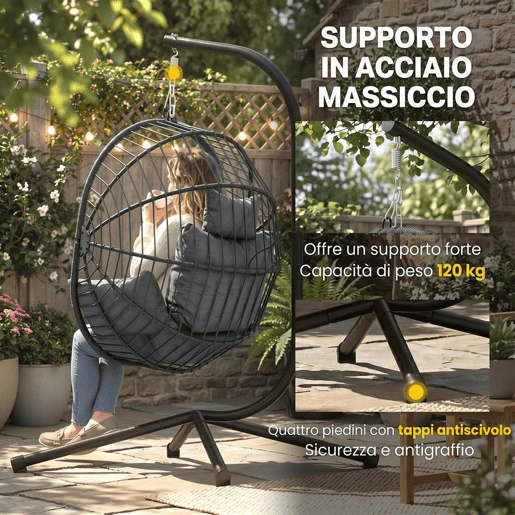 Outsunny Cadeira Suspensa com Suporte Cadeira Baloiço de Exterior com Cesta Dobrável Almofada e Apoio para a Cabeça Cadeira Suspensa para Interior e Exterior Carga 120 kg Cinza