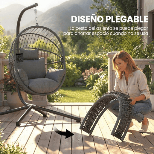 Outsunny Cadeira Suspensa com Suporte Cadeira Baloiço de Exterior com Cesta Dobrável Almofada e Apoio para a Cabeça Cadeira Suspensa para Interior e Exterior Carga 120 kg Cinza