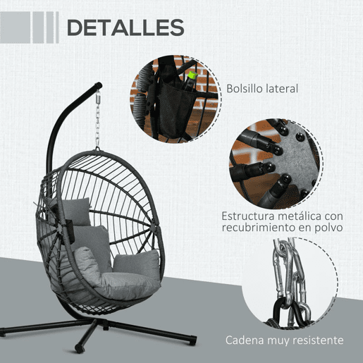 Outsunny Cadeira Suspensa com Suporte Cadeira Baloiço de Exterior com Cesta Dobrável Almofada e Apoio para a Cabeça Cadeira Suspensa para Interior e Exterior Carga 120 kg Cinza