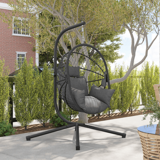 Outsunny Cadeira Suspensa com Suporte Cadeira Baloiço de Exterior com Cesta Dobrável Almofada e Apoio para a Cabeça Cadeira Suspensa para Interior e Exterior Carga 120 kg Cinza
