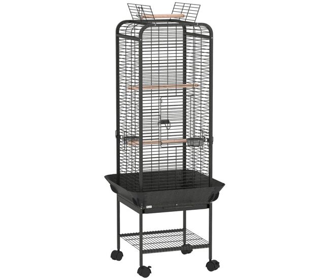 Pawhut jaula para pájaros jaula para loros con ruedas perchas comederos estante y bandeja extraíble pajarera para cacatúas cotorras 62,5x62,5x146 cm gris oscuro