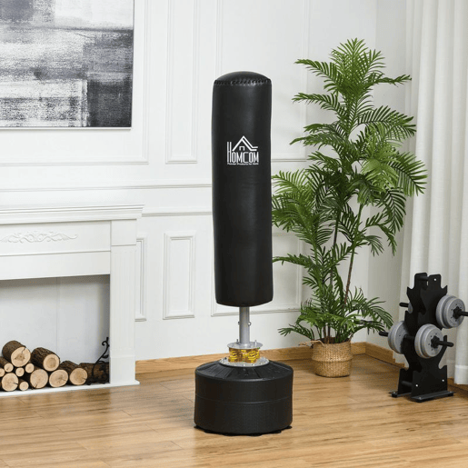 HOMCOM Saco de Boxe de Pé para Adultos 170 cm Altura Ajustável em 3 Níveis Punching Ball com Base Preenchível de Areia 45 kg ou Água 30 kg para Casa Ginásio Ø50x 170 cm Preto