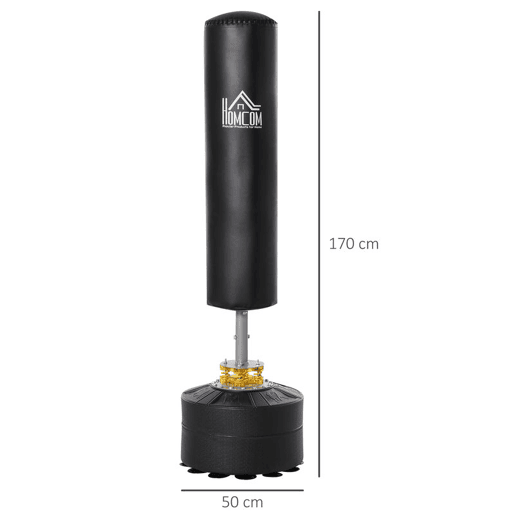 HOMCOM Saco de Boxe de Pé para Adultos 170 cm Altura Ajustável em 3 Níveis Punching Ball com Base Preenchível de Areia 45 kg ou Água 30 kg para Casa Ginásio Ø50x 170 cm Preto