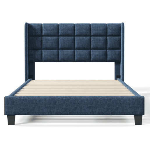 Cama estofada em linho - 140x200cm - com cabeceira e estrado de molas - Azul