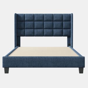 Cama estofada em linho - 140x200cm - com cabeceira e estrado de molas - Azul