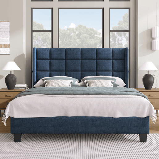 Cama estofada em linho - 140x200cm - com cabeceira e estrado de molas - Azul