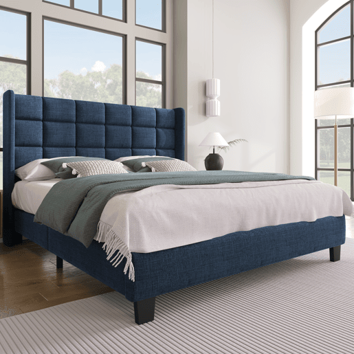 Cama estofada em linho - 140x200cm - com cabeceira e estrado de molas - Azul