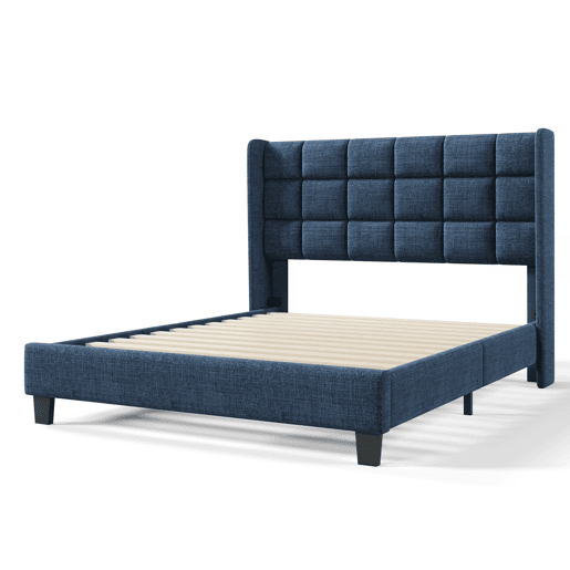 Cama estofada em linho - 140x200cm - com cabeceira e estrado de molas - Azul