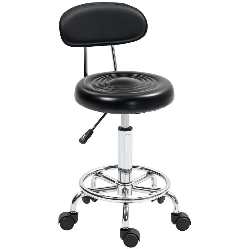 Homcom taburete giratorio con ruedas y respaldo taburete de trabajo con altura regulable 70-86 cm asiento tapizado de cuero sintético negro