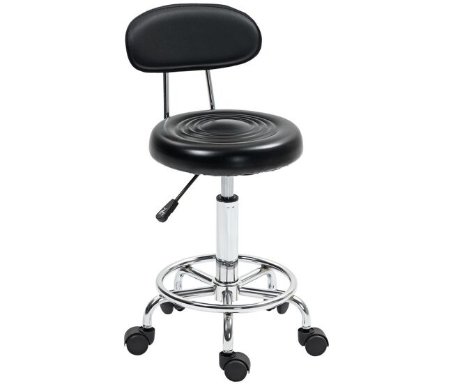 Homcom taburete giratorio con ruedas y respaldo taburete de trabajo con altura regulable 70-86 cm asiento tapizado de cuero sintético negro