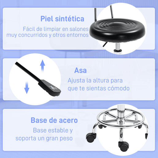 HOMCOM Banco Giratório com Rodas e Encosto Banco de Trabalho com Altura Ajustável 70-86 cm Banco Estofado em Couro Sintético Preto
