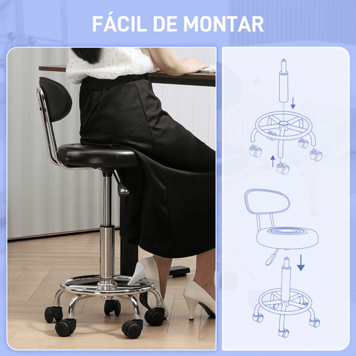 HOMCOM Banco Giratório com Rodas e Encosto Banco de Trabalho com Altura Ajustável 70-86 cm Banco Estofado em Couro Sintético Preto