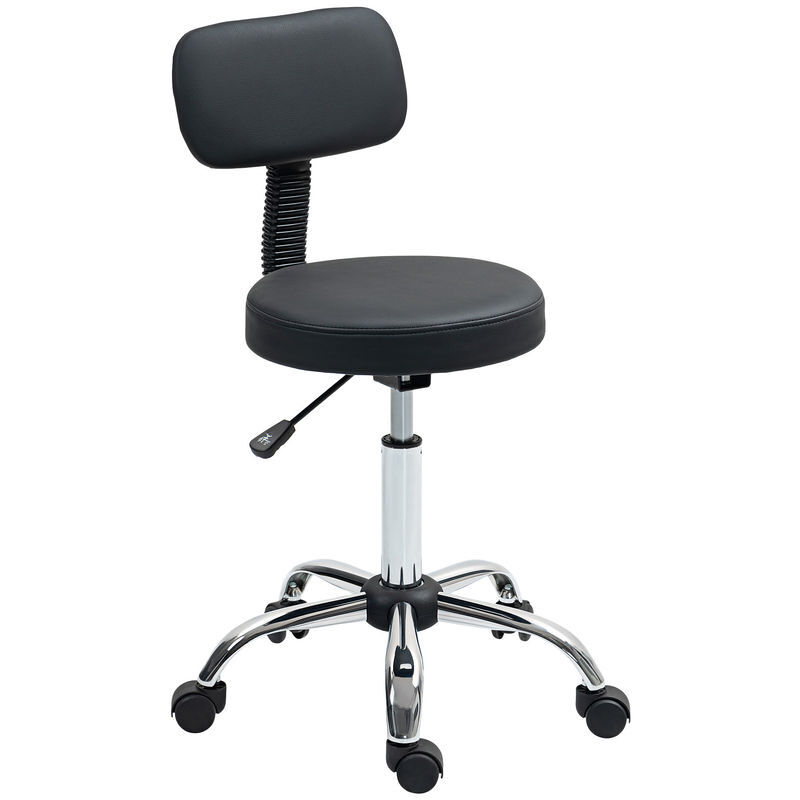 Homcom taburete con ruedas giratorio, taburete de trabajo con respaldo desmontable, altura regulable, tapizado en cuero sintético, para oficina,