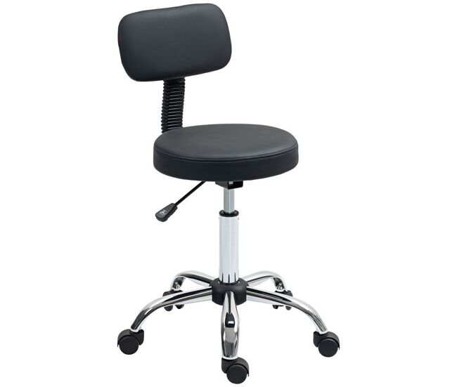 Homcom taburete con ruedas giratorio, taburete de trabajo con respaldo desmontable, altura regulable, tapizado en cuero sintético, para oficina,