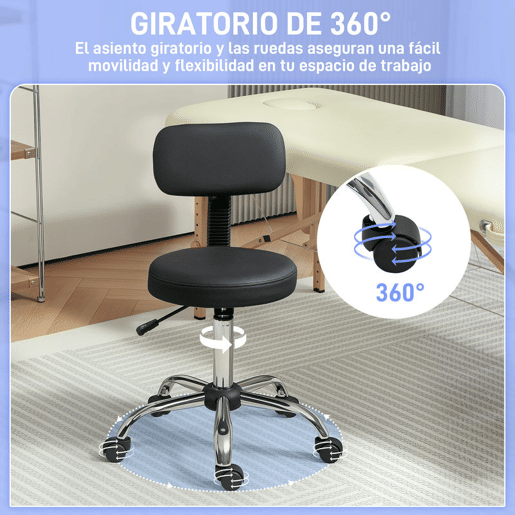 HOMCOM Banco Giratório Banco com Rodas e Encosto Banco de Trabalho com Altura Ajustável 78-93 cm Assento Estofado em Couro Sintético Preto