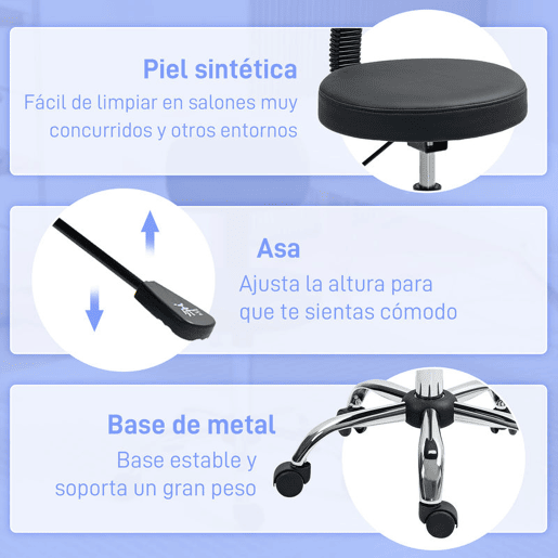HOMCOM Banco Giratório Banco com Rodas e Encosto Banco de Trabalho com Altura Ajustável 78-93 cm Assento Estofado em Couro Sintético Preto