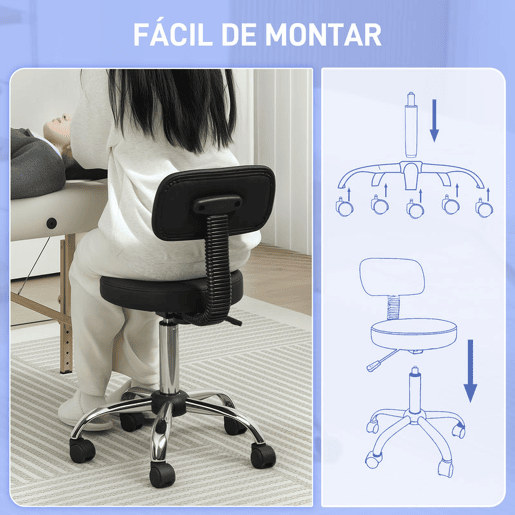 HOMCOM Banco Giratório Banco com Rodas e Encosto Banco de Trabalho com Altura Ajustável 78-93 cm Assento Estofado em Couro Sintético Preto