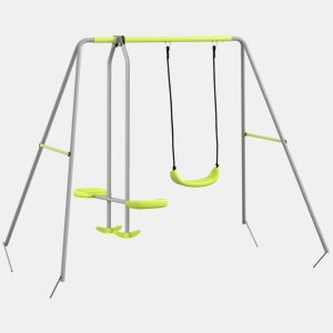 Outsunny Baloiço para Crianças Baloiço Jardim com 1 Baloiço Simples 1 Planador e Anti-UV Baloiço Infantil Carga 135 kg 255x160x180 cm Cinza e Verde
