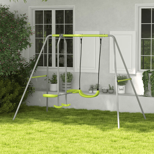 Outsunny Baloiço para Crianças Baloiço Jardim com 1 Baloiço Simples 1 Planador e Anti-UV Baloiço Infantil Carga 135 kg 255x160x180 cm Cinza e Verde