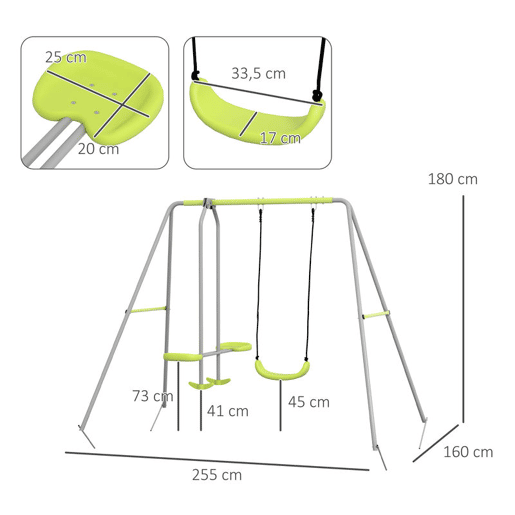 Outsunny Baloiço para Crianças Baloiço Jardim com 1 Baloiço Simples 1 Planador e Anti-UV Baloiço Infantil Carga 135 kg 255x160x180 cm Cinza e Verde