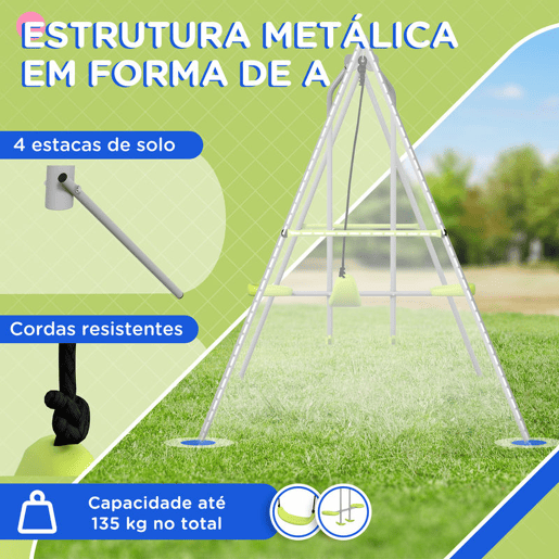 Outsunny Baloiço para Crianças Baloiço Jardim com 1 Baloiço Simples 1 Planador e Anti-UV Baloiço Infantil Carga 135 kg 255x160x180 cm Cinza e Verde