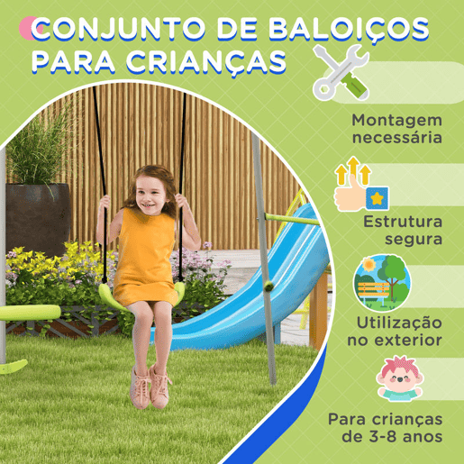 Outsunny Baloiço para Crianças Baloiço Jardim com 1 Baloiço Simples 1 Planador e Anti-UV Baloiço Infantil Carga 135 kg 255x160x180 cm Cinza e Verde