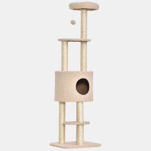 PawHut Arranhador para Gatos Altura 148 cm Arranhador para Gatos com Postes de Sisal 3 Plataformas Casa e Bola Suspensa Bege