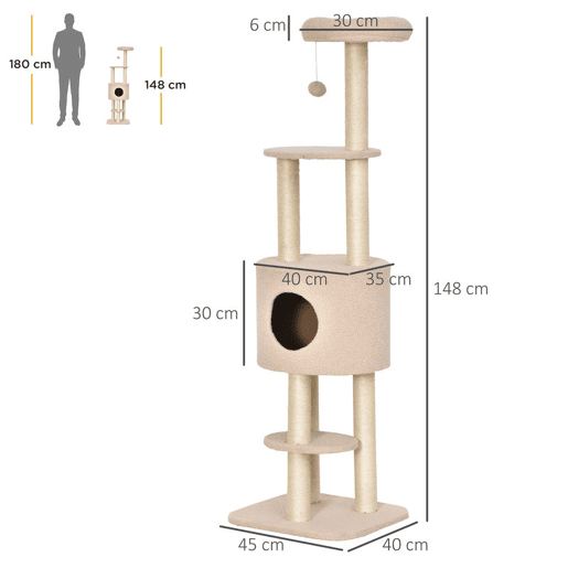 PawHut Arranhador para Gatos Altura 148 cm Arranhador para Gatos com Postes de Sisal 3 Plataformas Casa e Bola Suspensa Bege