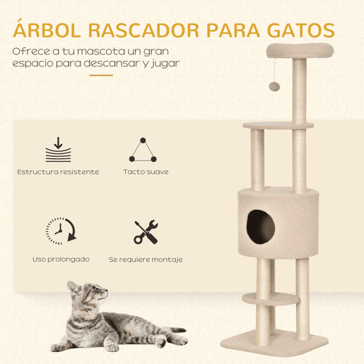 PawHut Arranhador para Gatos Altura 148 cm Arranhador para Gatos com Postes de Sisal 3 Plataformas Casa e Bola Suspensa Bege