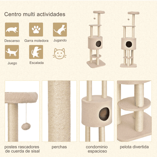 PawHut Arranhador para Gatos Altura 148 cm Arranhador para Gatos com Postes de Sisal 3 Plataformas Casa e Bola Suspensa Bege